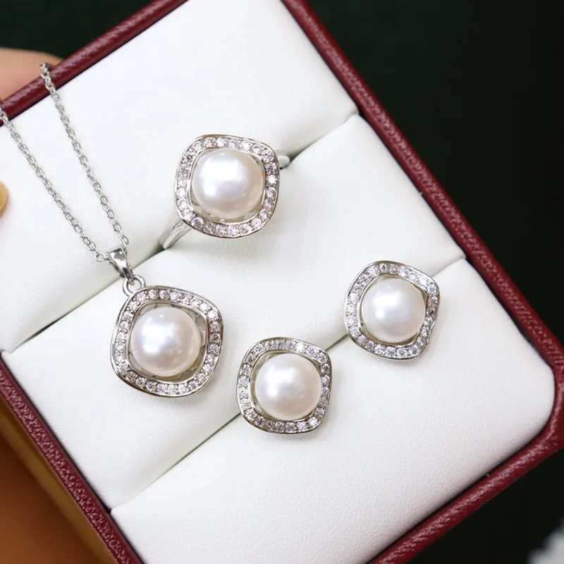 

Freshwater Pearl Necklace Women's Versatile 8-9 Exquisite Silver Studs Rings Drop Earrings Jewelry Three-Piece Set