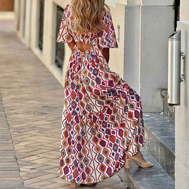 

Summer Pattern Print Short Sleeve Dress Fashion V Neck High Waist Hollow Out Party Dress Beach Vacation Boho A-line Long Dresses