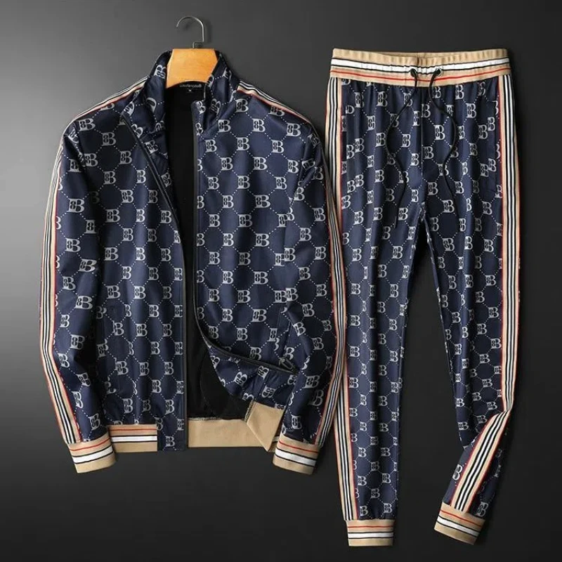 Men\'s Fashion Stand Collar Jacket Trousers Casual Two-piece Spring and Autumn New Trend Printed Sports Running Street Suit