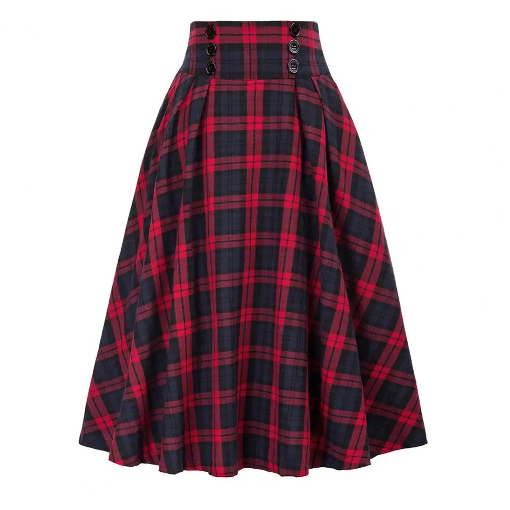 

Women Skirt High Elastic Waist Big Hem A-line Colorblock Plaid Print Loose Pockets Retro Ruffle Skirt Party