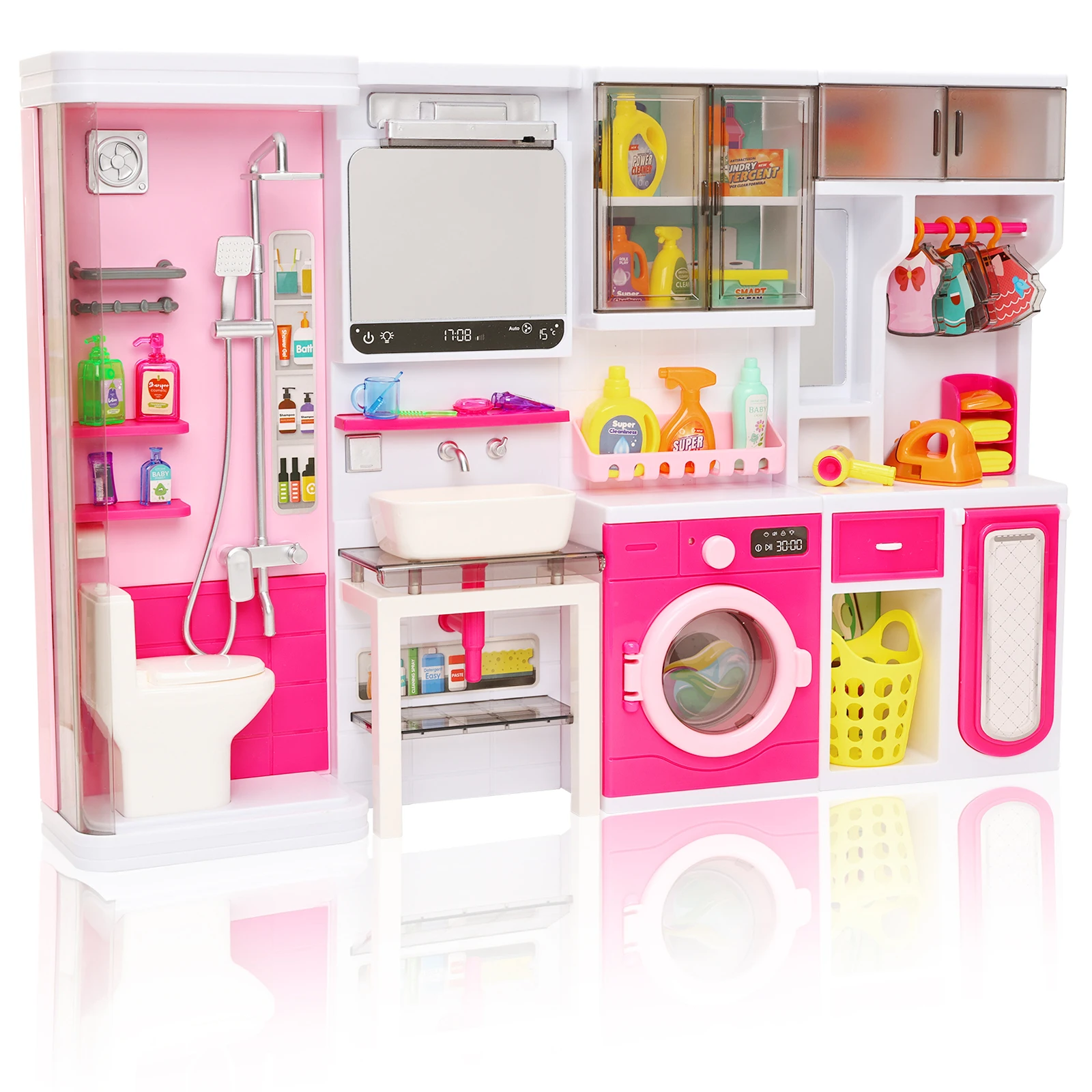 Barwa 55 Pcs Doll Clothes and Accessories 4 inch Mini Bathroom Furniture Playset Dollhouse Laundry Pretend Play Toy