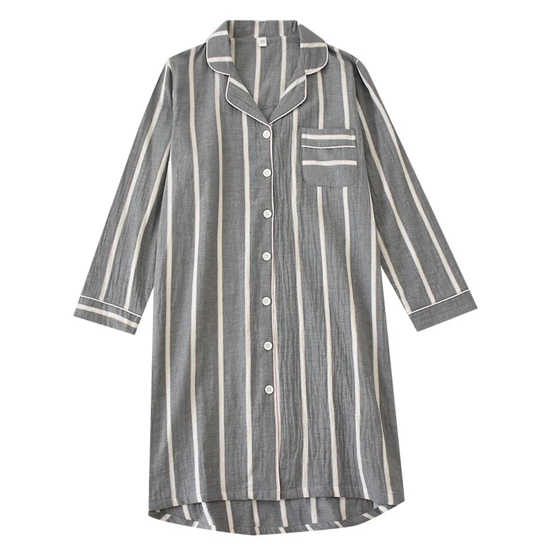 Camisolas de algodão de mangas compridas femininas, camisas de comprimento médio, listra de casa, altura do joelho, primavera, verão, novo, 2022