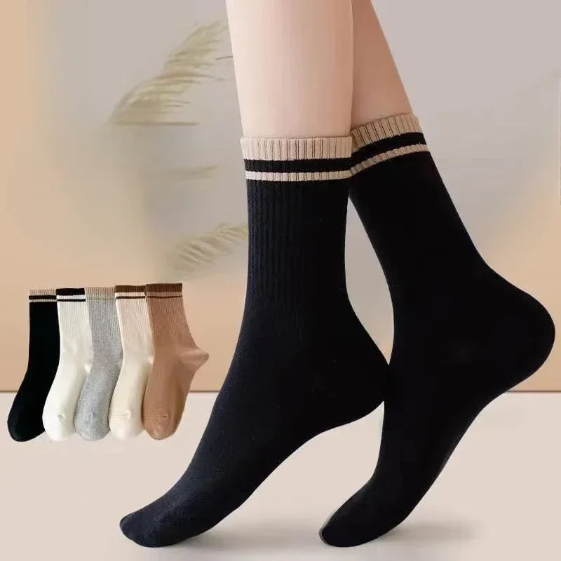 Cotton Mid-tube Socks Coffee Color Female Sports Striped High Tube Socks Autumn Winter Breathable Long Tube Socks for Women Girl