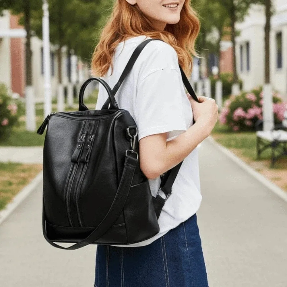 

Black Leather Backpack Soft Leather Adjustable Straps Korean Style Backpack Large Capacity Solid Color