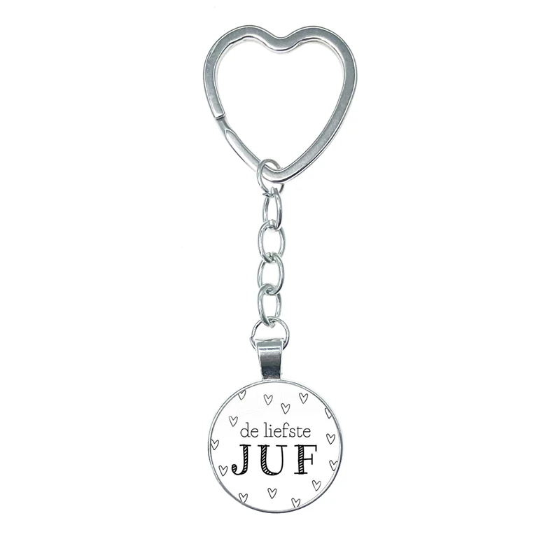 VOOR DE Liefste Juf Sleutelhanger gantungan kunci hati kaca Anneau Porte Clef Bedankt Juf Cadeau huruf Terima kasih hadiah guru yang terhormat