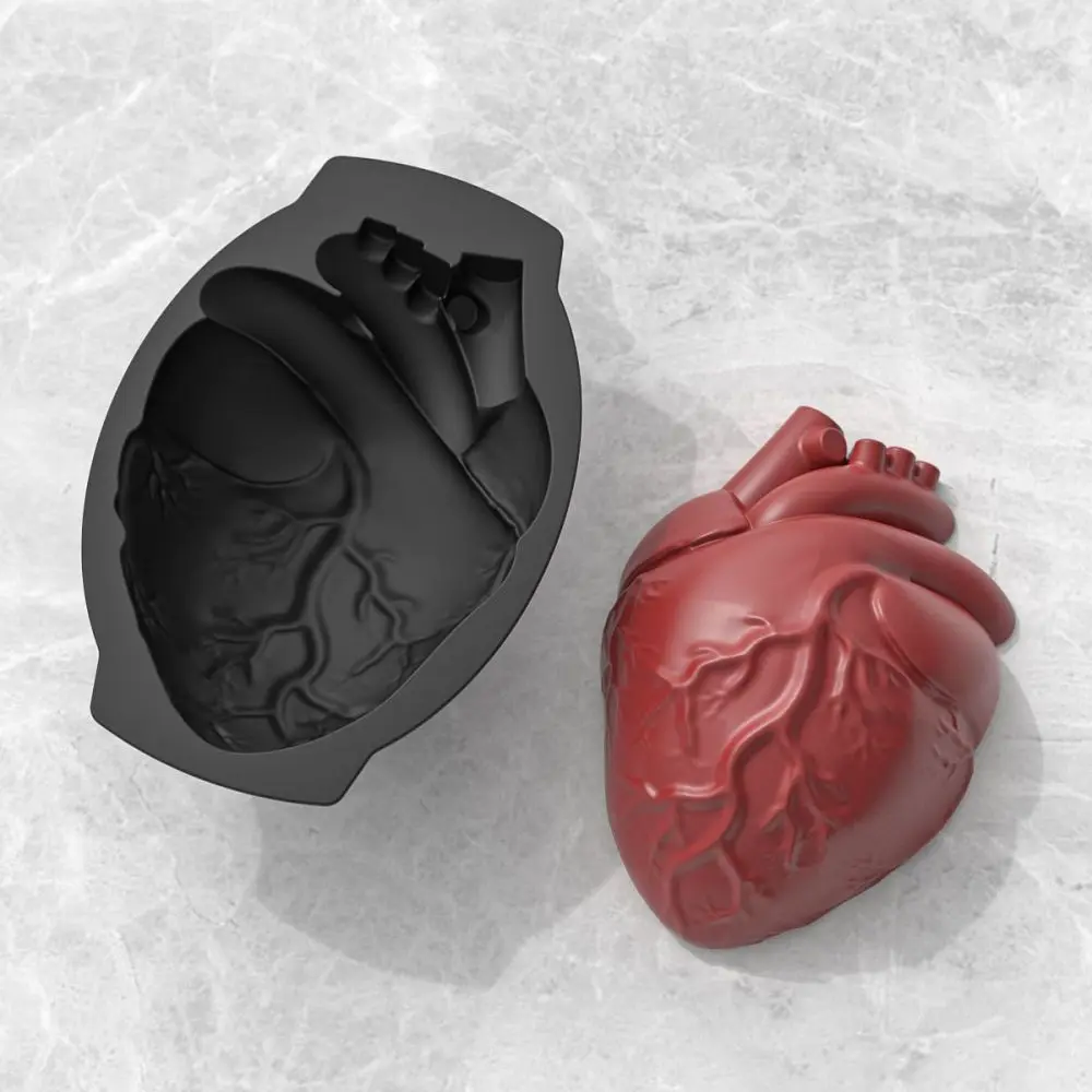 Silicone Heart Mold Human Brain Cake Mold Large Volume with Support Base Thicken Organs Mould Halloween Candy Chocolate Pudding