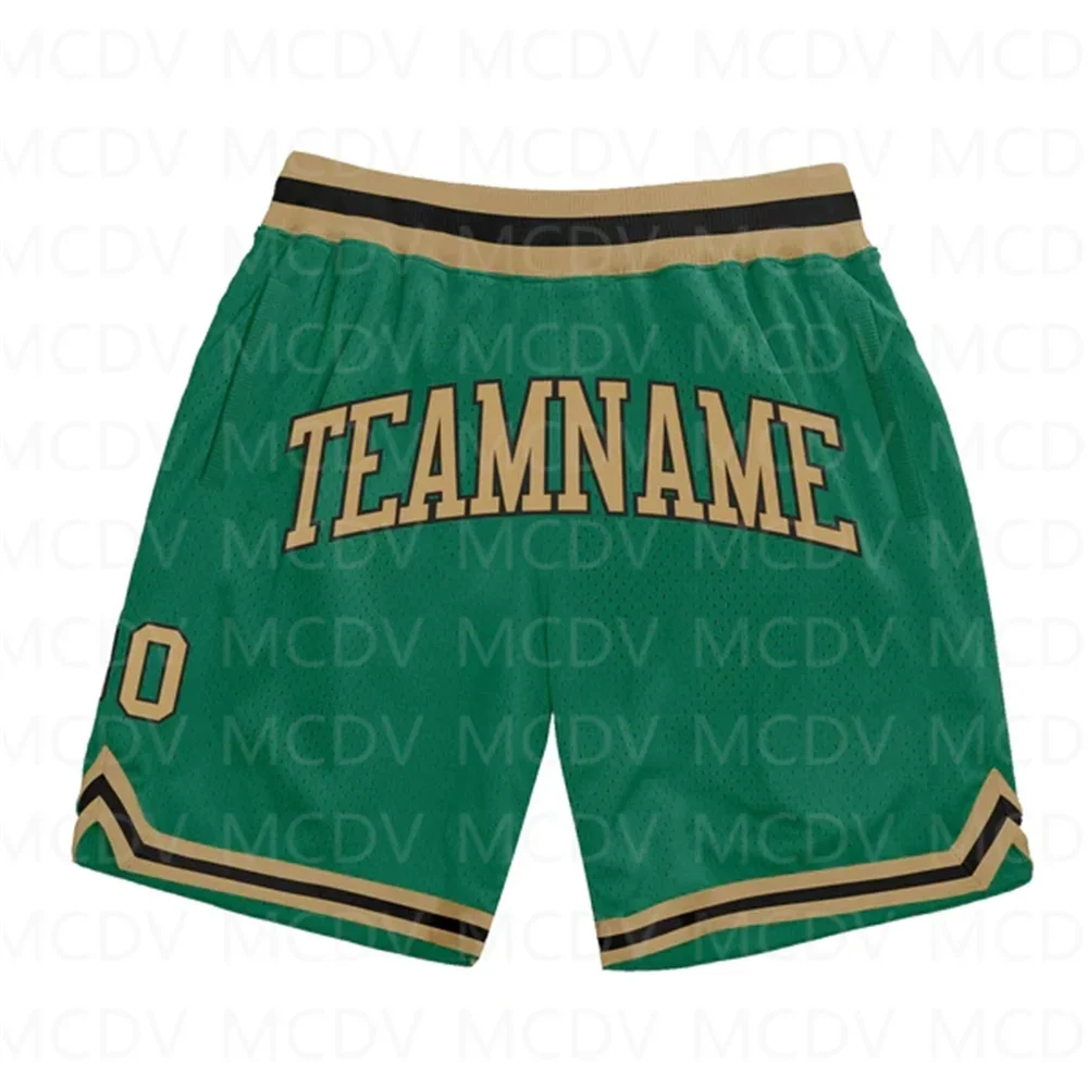 Custom Kelly Groene Zwart-Wit Authentieke Throwback Basketbalshort 3d Over Bedrukte Heren Shorts Sneldrogend Strandshort