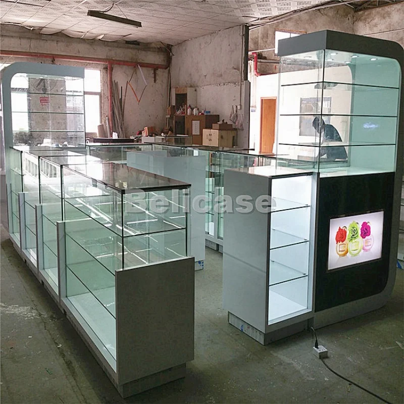 Custom, China factory custom glass perfume store display cabinet with led light island shop modern perfume kiosk for mall