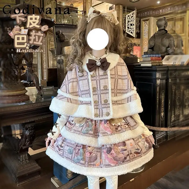 

Girls Autumn Winter Cloak Lolita Dress Set Original Lolita Cute Japanese Dress Suits Women's Princess Style Dress with Hat