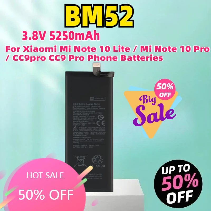 

BM52 3.8V 5250mAh Battery For Xiaomi Mi Note 10 Lite / Mi Note 10 Pro / CC9pro CC9 Pro Phone Batteries