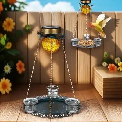 

Hanging Bird Feeder Solar Powered Large Tray with Light Outdoor Weather Resistant Vintage Style Gift for Bird Lovers