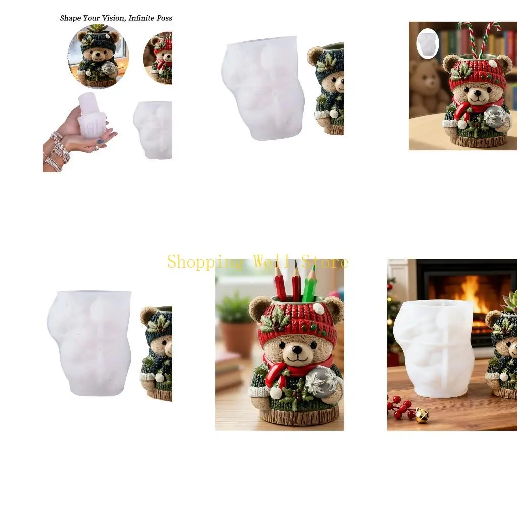 KX4B Flower Pot Silicone Mold Succulents Planter Concrete Mold Bear Concrete Cements Mold for DIY Pen Holders,Home Decors