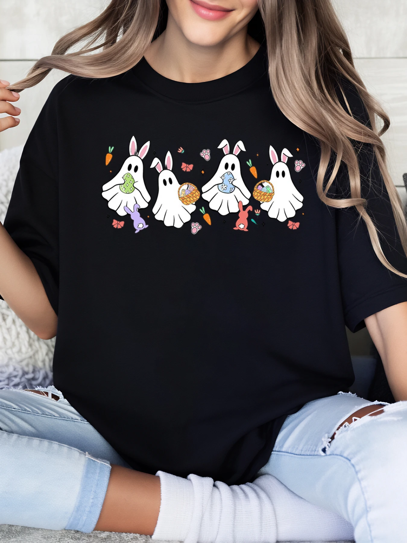 Ghost Bunny Easter Design t Shirt for Women Casual Wear Black Plus-Size