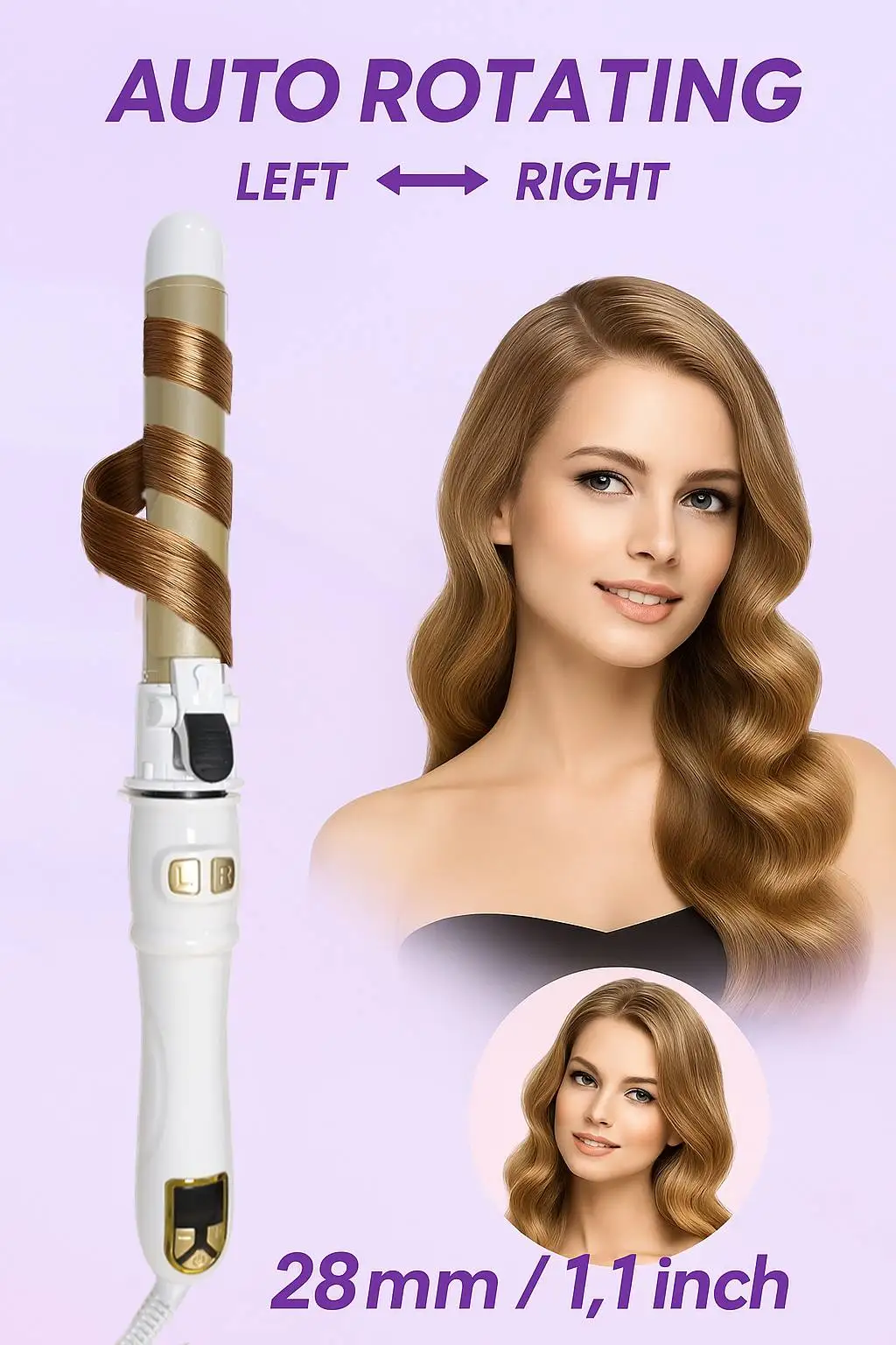 

Ceramic 28mm Rotating Hair Curling Iron Long Barrel Automatic Curler for Big Waves and Salon Quality Hair Styling