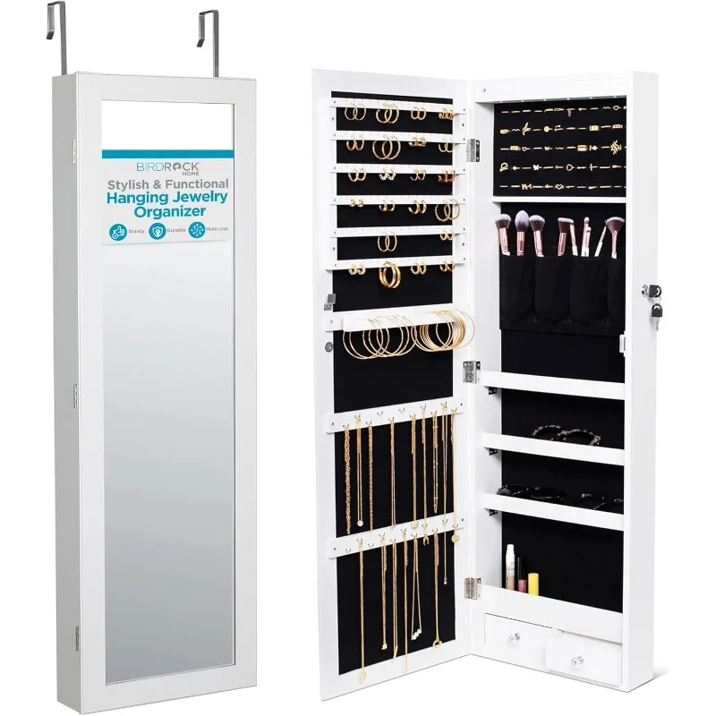 

Hanging Jewelry Organizer - Lockable Storage Cabinet with Body Mirror & LED Lights, Door or Wall Mounted for Closet