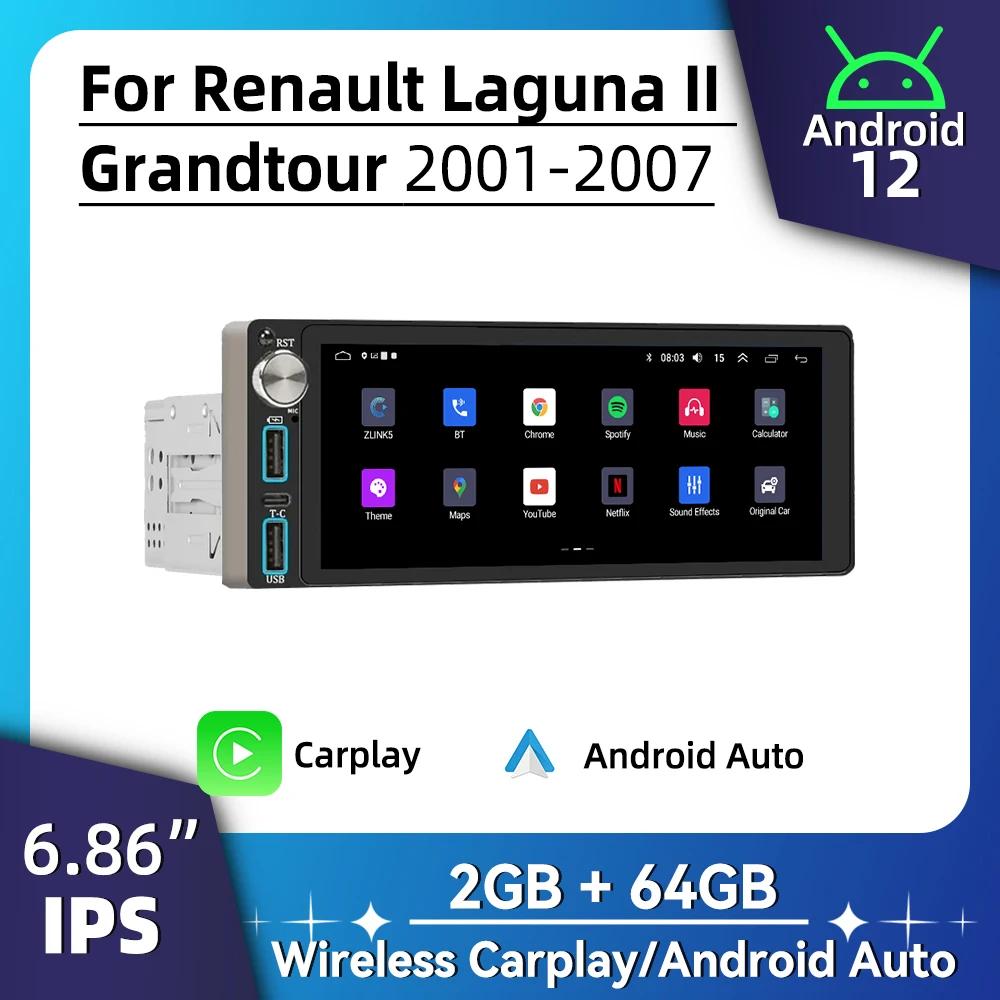

Carplay Autoradio Android Car Multimedia for Renault Laguna II Grandtour 2001-2007 6.86" Screen 1 Din Radio Stereo Head Unit GPS