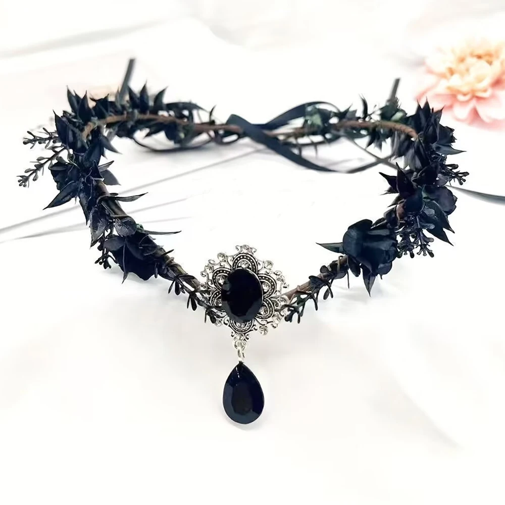 Halloween Forest Flower Crown Elf Headband Gothic Headwear Black Wreath Crystal Pendant Party Alloy Forehead Accessories Unisex image 5