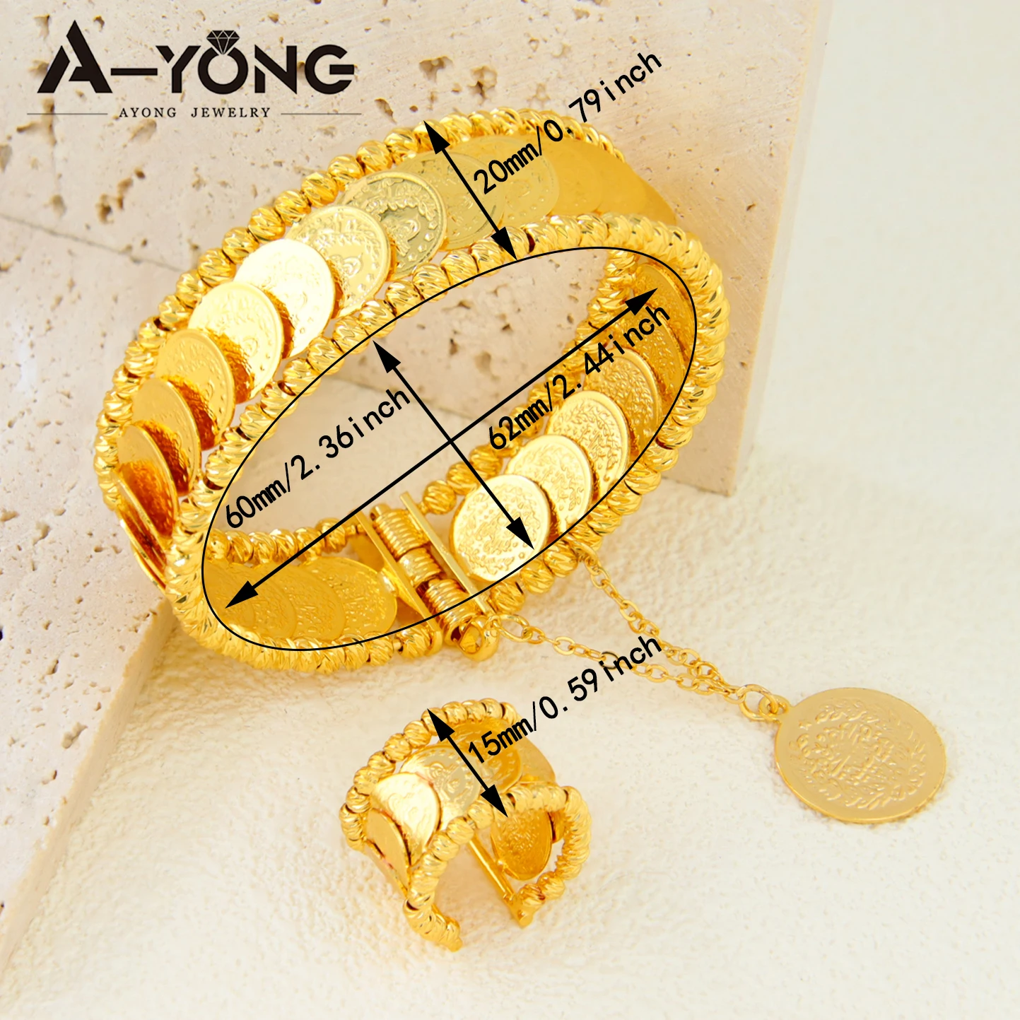 Luxury Arabic Coins Jewelry Set 24k Gold Plated Copper Waterproof Bracelet Ring Islamic Women Bridal Wedding Banquet Jewelrys