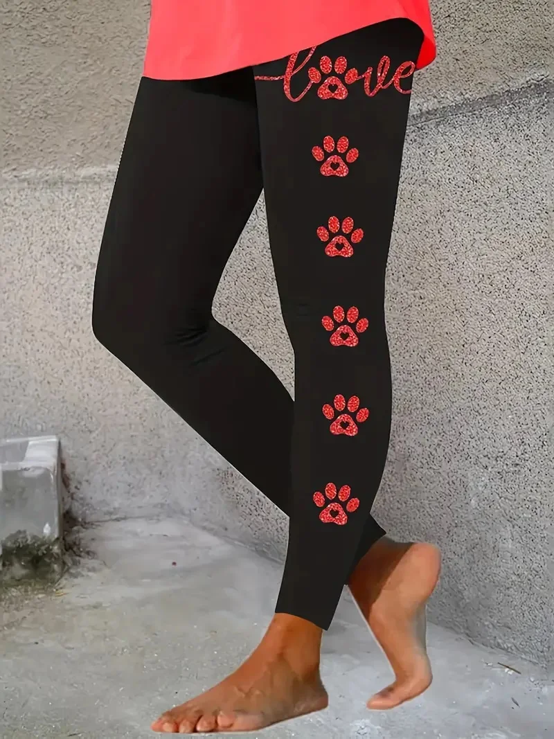 Cat paw print letter print tight stretch elastic waist comfortable casual leggings for women