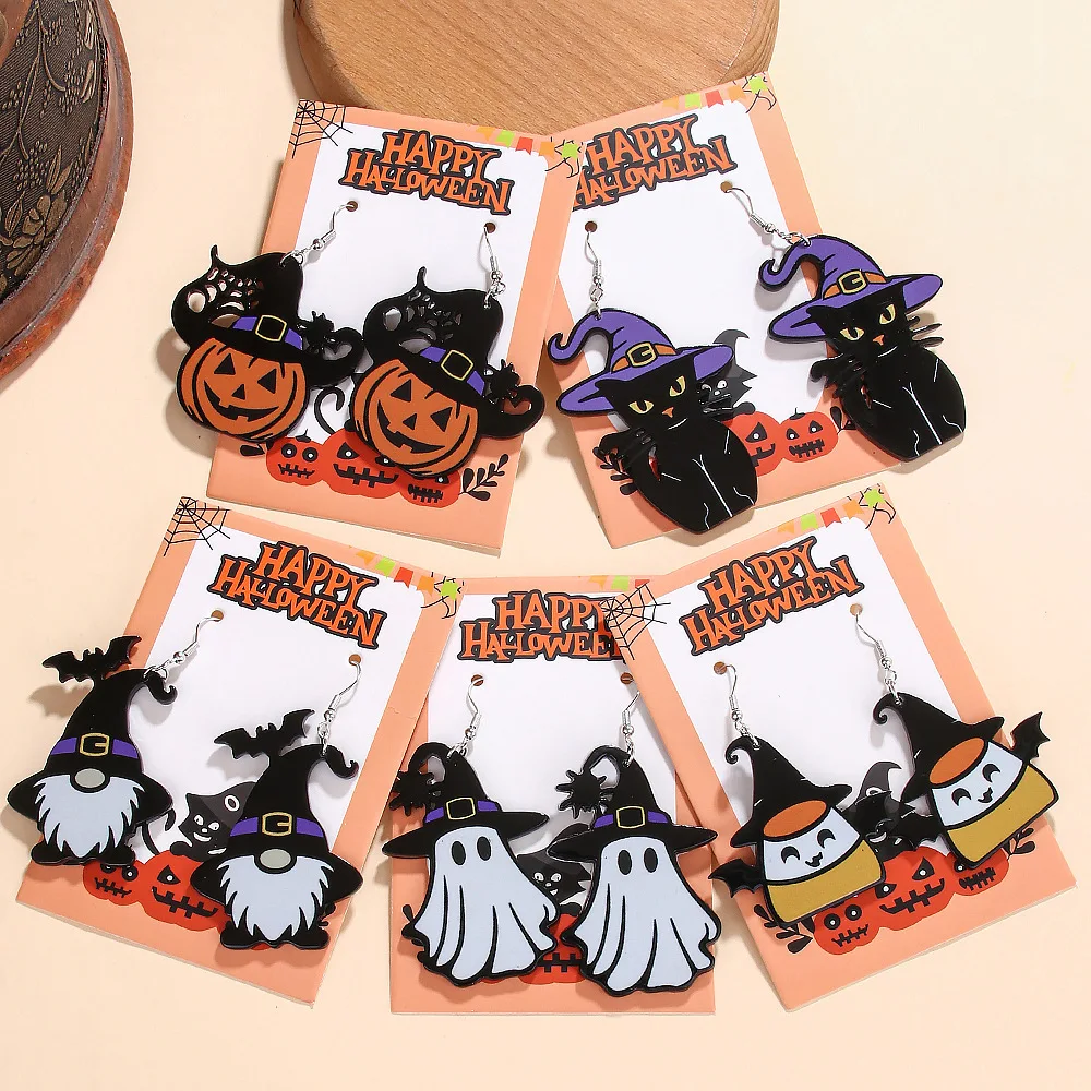 Halloween Acrylic Dangle Earrings Witch Hat Pumpkin Black Cat Ghost Gnome Candy Corn Bat Print Cute Spooky Drop Earrings