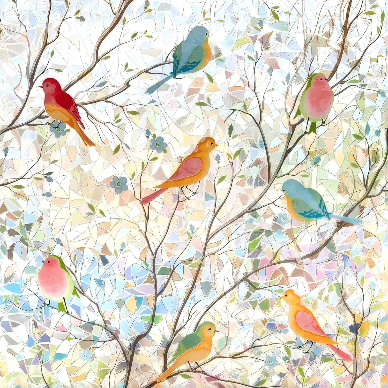 Rainbow Bird Tree Stained Glass Window Privacy Film, Static Cling Removable Decal, UV Blocking Decorative Window Cover for Home