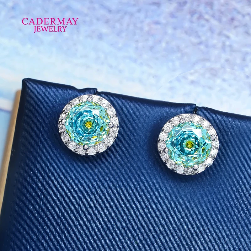 Fashion Jewelry 6mm Main Stone Sky Blue Mixed Yellow Color Stud Earrings 925 Silver Synthetic Gemstone Halo Earrings For Women