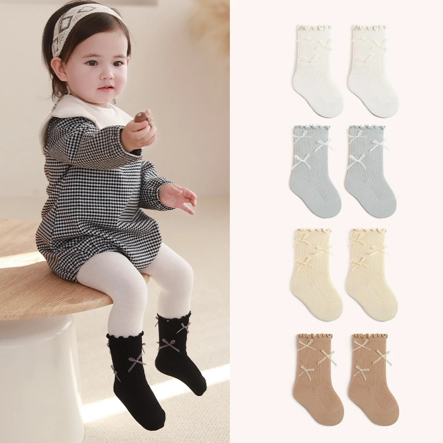 

Новые демисезонные носки для девочек, милые детские носки с бантом и рюшами для новорожденных, однотонные бесшовные носки для младенцев (0-8 лет)