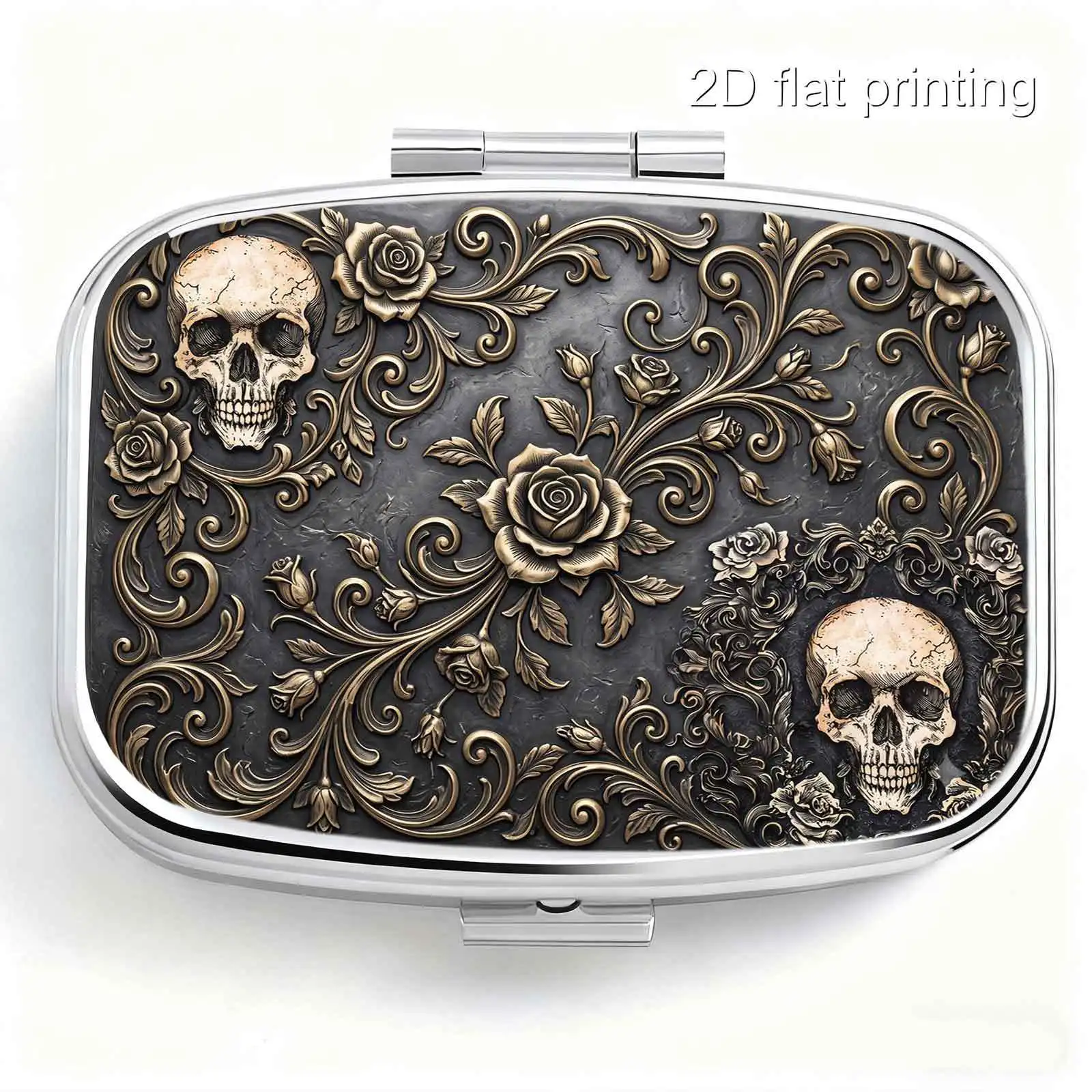 Single-pack, flat-printed, portable pill box with mini dual compartments, black and gold skull, vintage rose and scroll embossed print, travel medicine storage box, sealed and moisture-proof, capsule and vitamin dispensing box, portable pill box