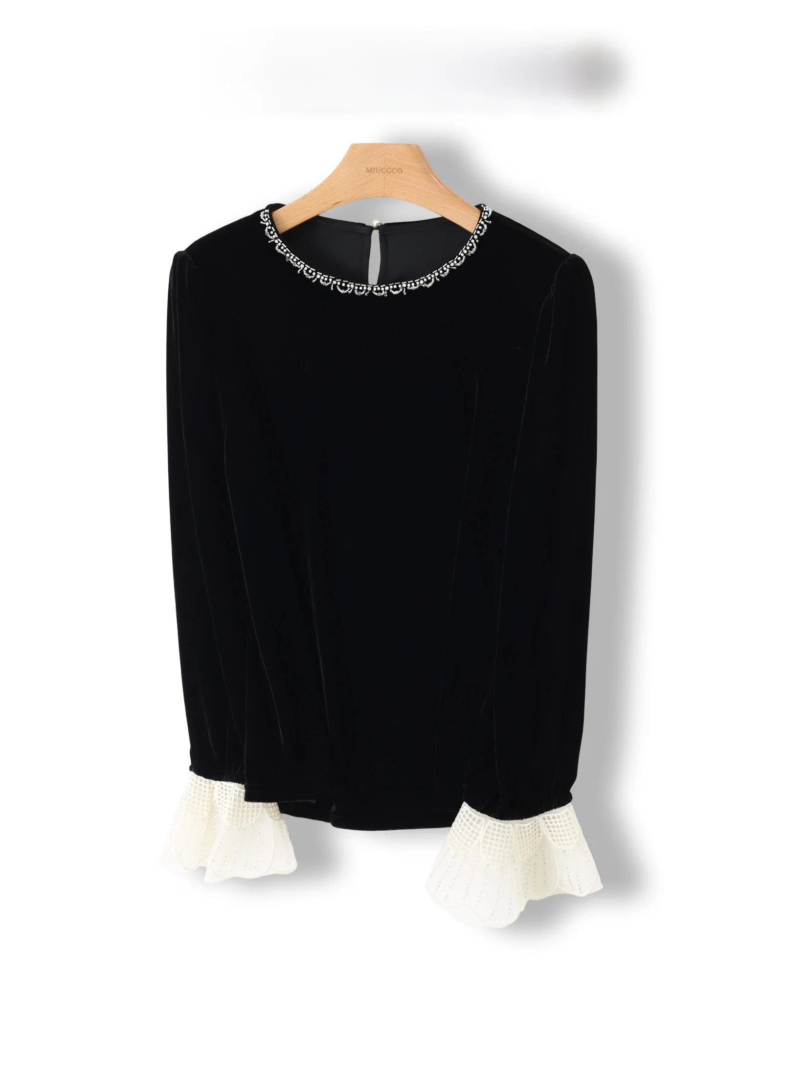 

Elegant Loose Fit Women's Shirt with Bell Sleeves round Neck Pearl Embellished Fashionable And Trendy Velvet Material