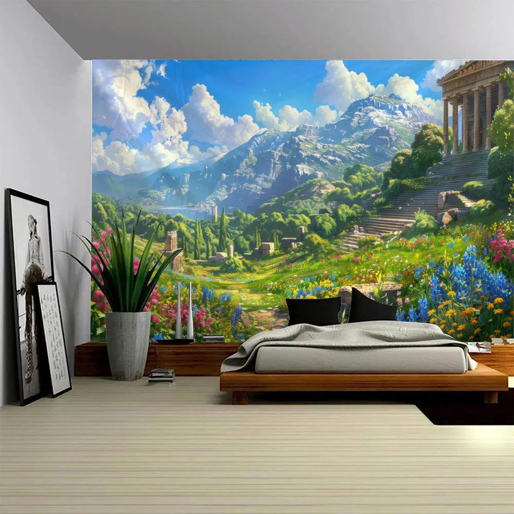 

Island scenery tapestry, beach palm trees, floral waves, Hawaiian ocean, suitable for living room and home dormitory decoration