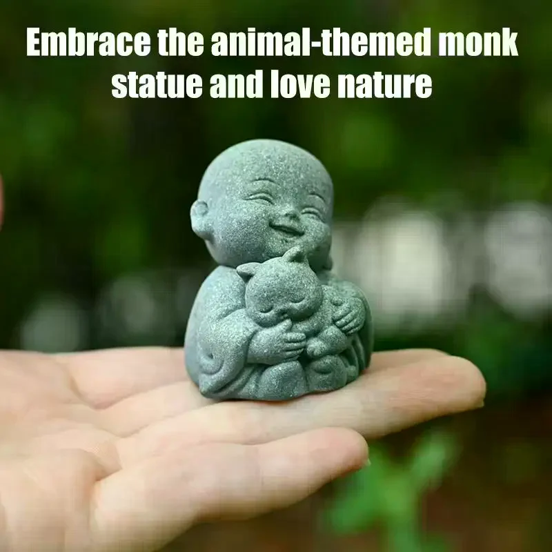 Embracing Animal Monk Statue, Resin, Stone Zen Garden Decoration, Serene Smiling Sculpture