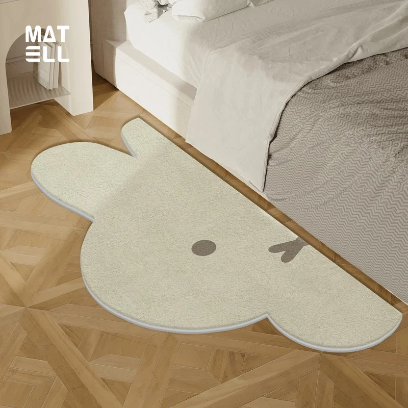 VIKAMA Minimalist Bunny Head Shaped Floor Mat, Non-Slip Washable Beige Plush Rug for Bedside, Kids Room & Entryway