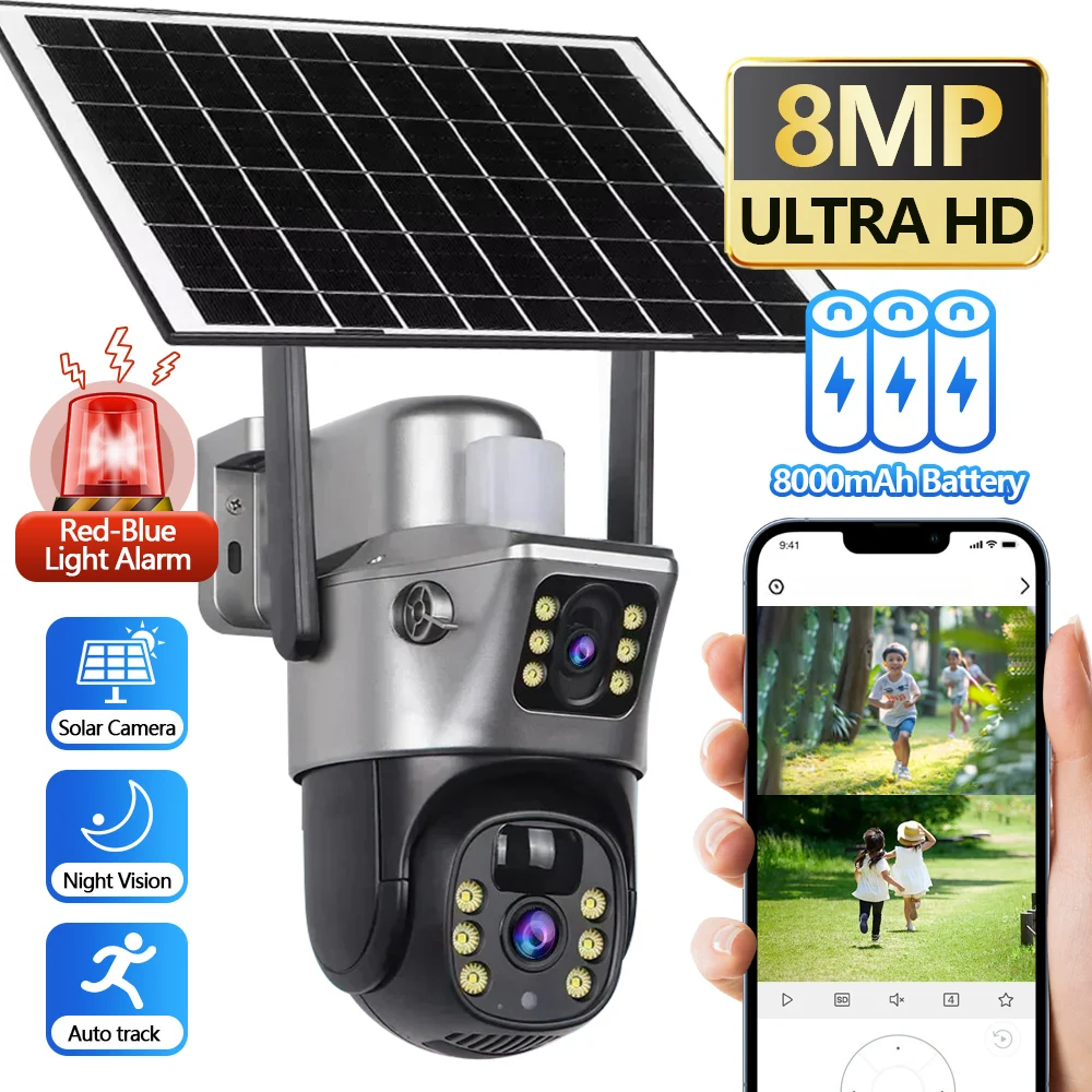 Caméra solaire WiFi 4G double objectif extérieur 8MP batterie faible puissance caméra IP PIR Vision nocturne 4K CCTV Protection de sécurité V380 Pro