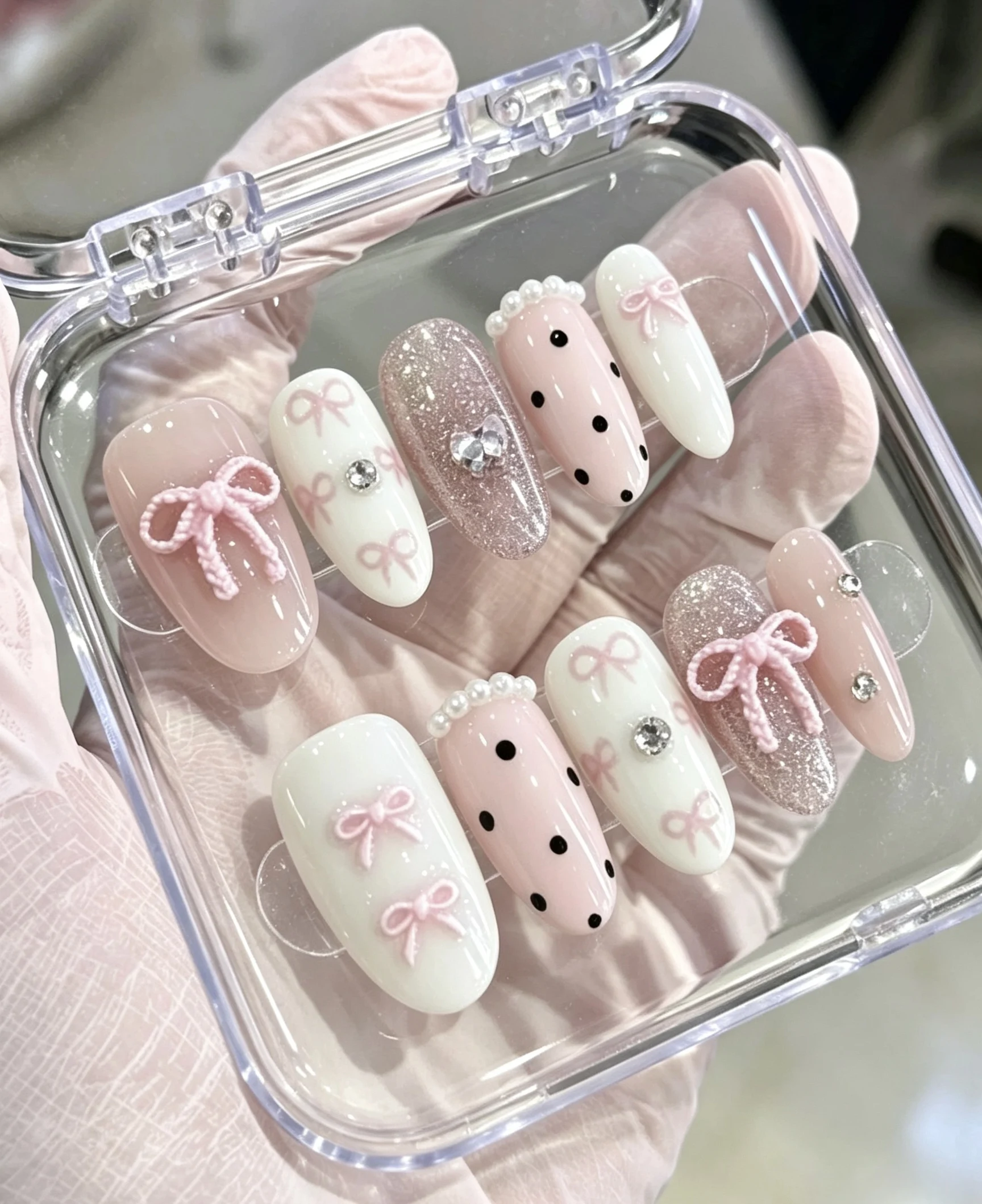 10-Piece Set of Nude Pink and Milky White Bow-Knot Polka Dot Sweet Girl Medium-Length Oval Nails, Polka Dot Pearl Glitter Gentle Sweet Girl Handmade Fake Nail Patches