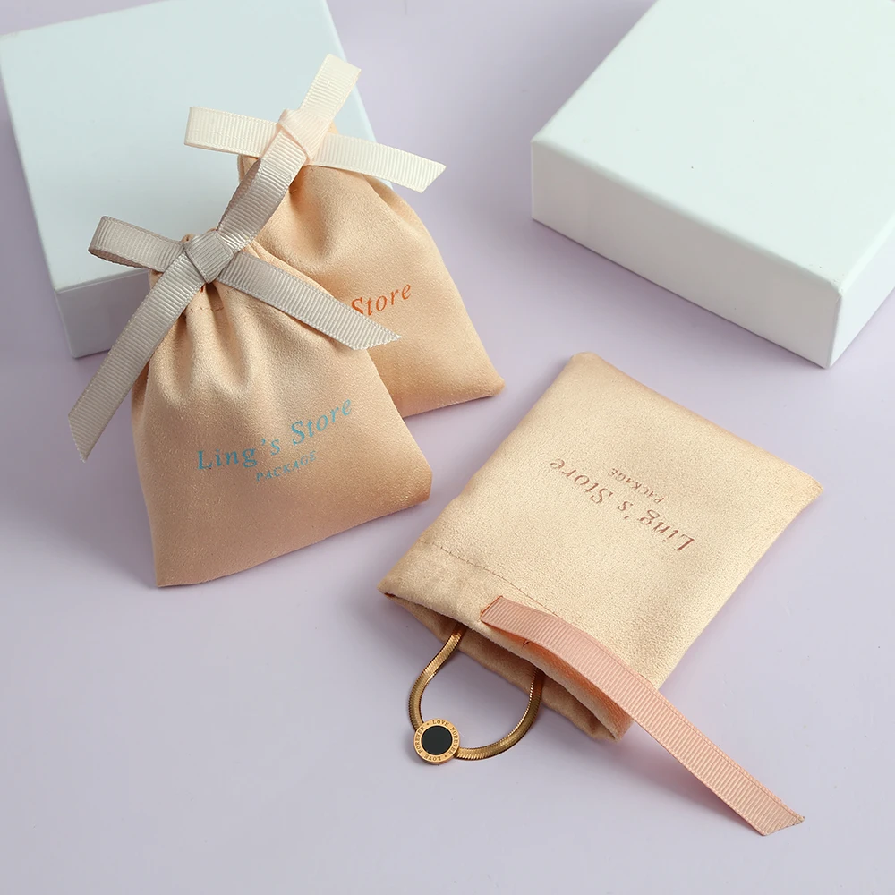 

100Pcs Orange Personalized Logo Jewelry Gift Bag Velvet Suede Cotton Ribbon Drawstring Pouch Pendant Key Shopping Organizer Sack