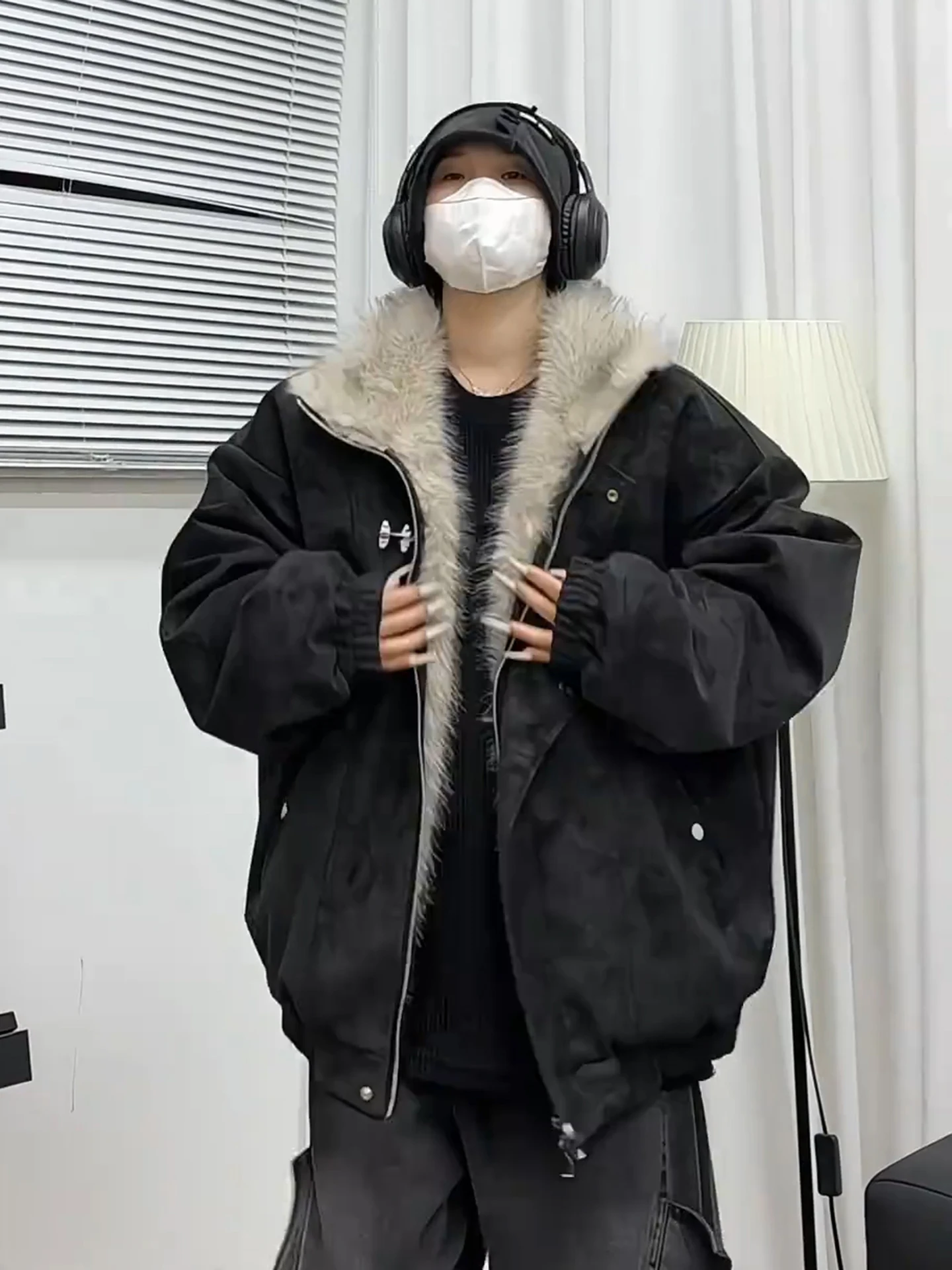 

New Chinese Sle Thiened Winter Cotton Jaet Men's Coat with Fur Collar Mountain Eagle Pattern Warm Long Sve Zipper Cl...