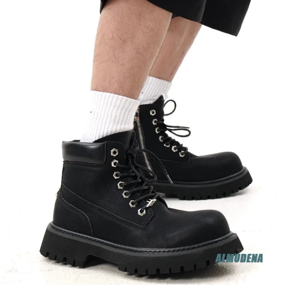 Dual Color Vintage Street Men High Top Work Boots Side Zipper Lace Up Round Toe Outdoor Comfort Daily Fashion Casual Ankle Boots