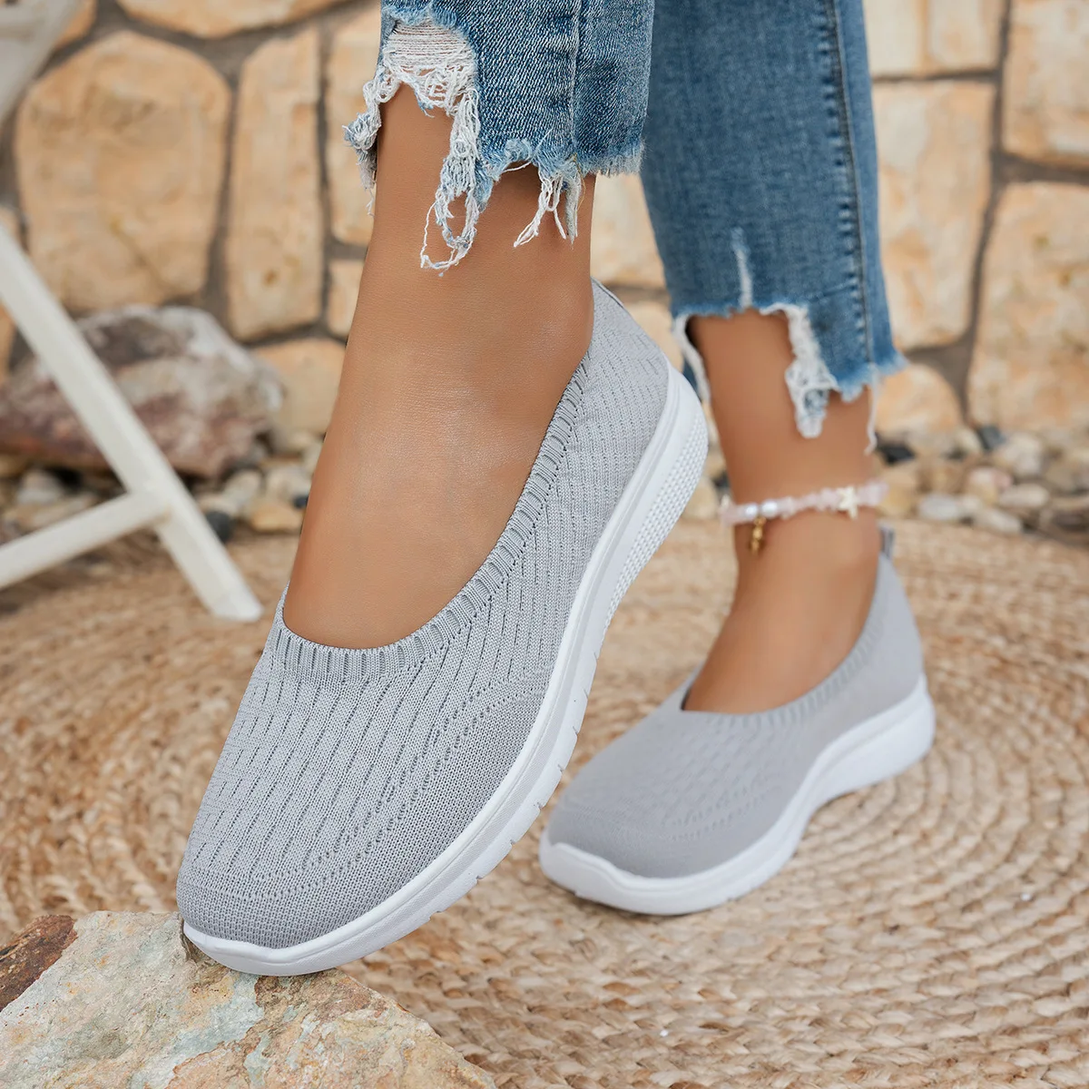 Hohlstrick-Slip-On-Keilsneaker für Damen, atmungsaktiv, rutschfest, weiche Kissensohle, für den täglichen Gebrauch, lässige Mutter-Schuhe – Detail 9