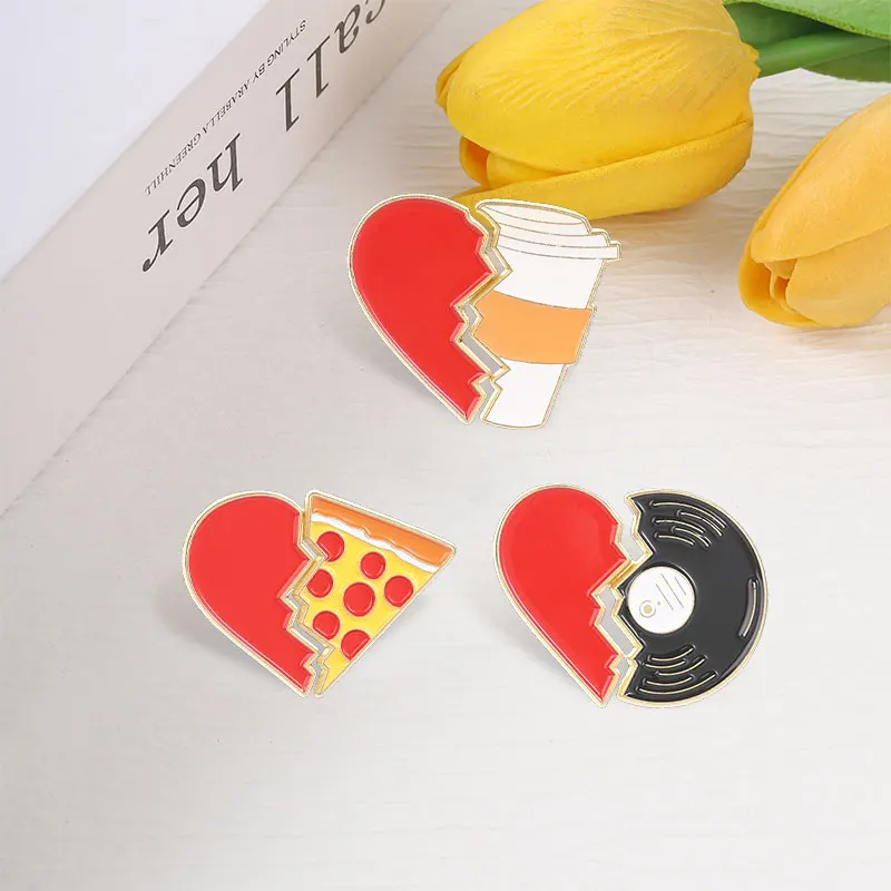 Emaille-Anstecker in Form eines gebrochenen Herzens, Pizza und Kaffee, Vinyl-Schallplatte, ästhetischer Anstecker, lustiges Geschenk für Feinschmecker, Brosche, Accessoires, Geschenke – Detail 6