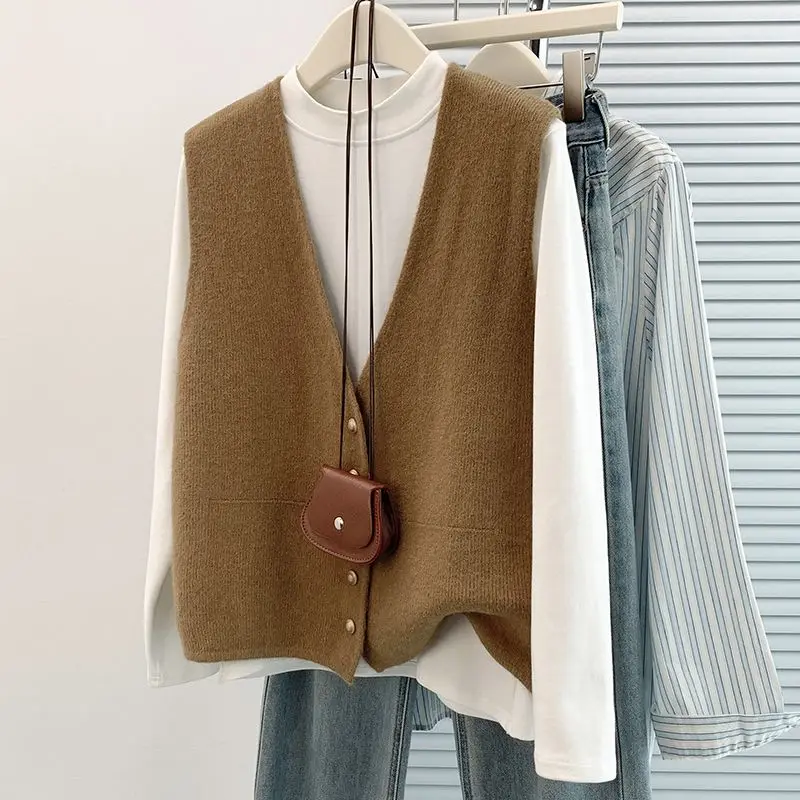 Women's Soft Knitted Vest Women Casual Button Deep V-neck Sleeveless Fall Cardigan Stylish Simple Tops Loose Knitwear Coats