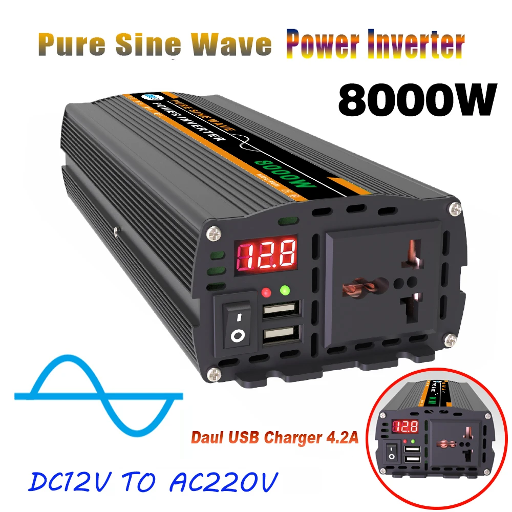 

8000W Power Inverter Color BLACK Clamps W Pure Sine Wave Power Inverter Wide Application Range Aluminium BLACK CM Home