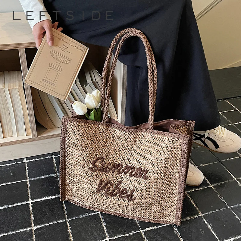

Женская плетеная соломенная сумка-тоут с буквами, повседневная пляжная сумка через плечо для отпуска, эстетичная, 2026 Новый тренд, модная сумка-клатч