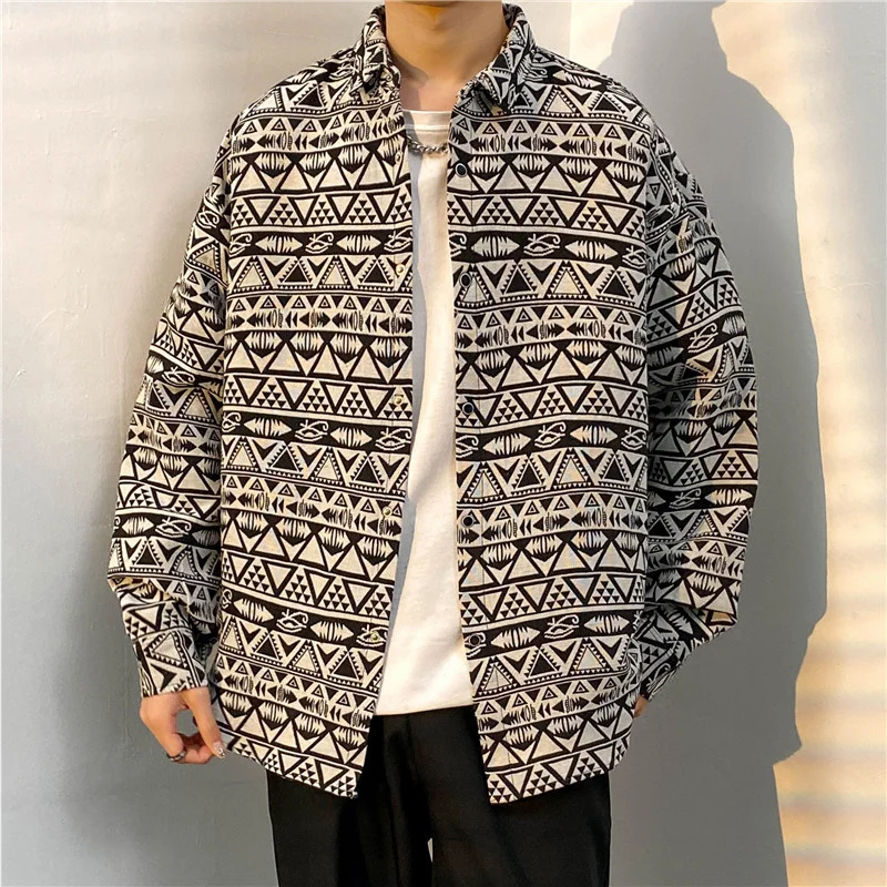 

Autumn and winter men's long-sleeved lining bf Harajuku style embroidered shirt loose trend ruffian handsome casual coat 2023