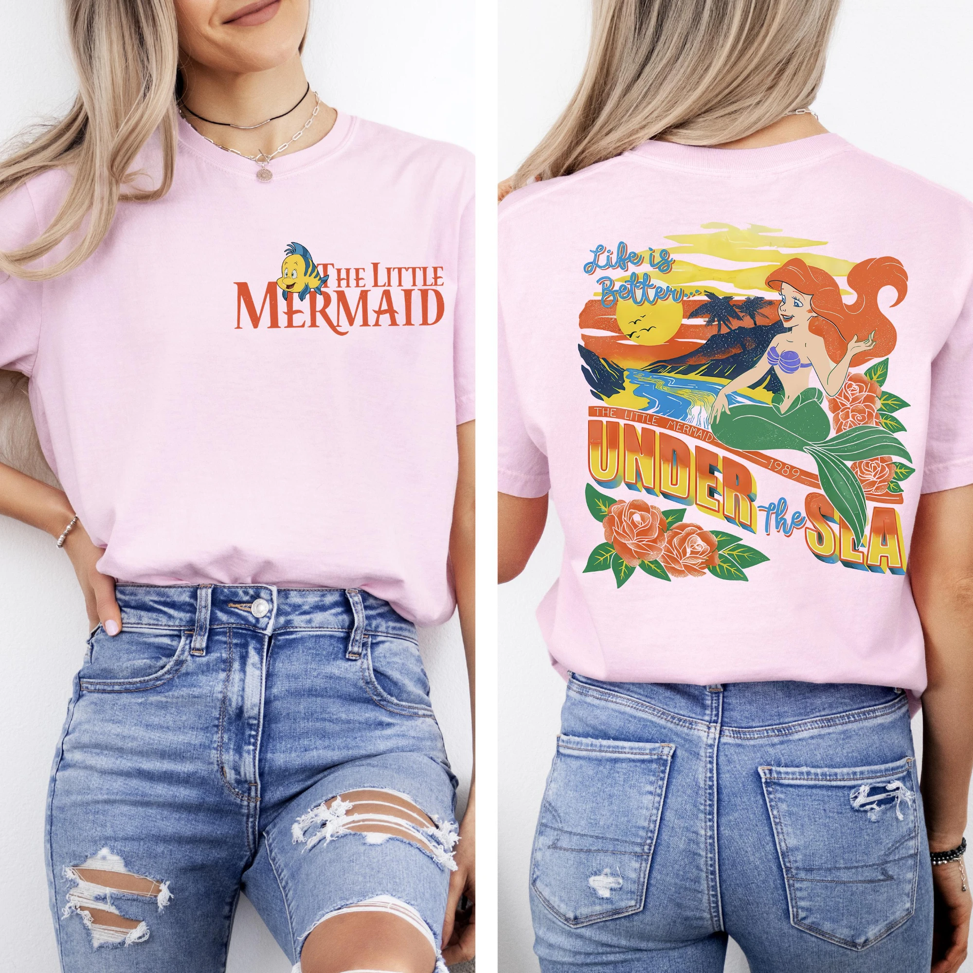 تي شيرت ديزني ليتل ميرميد برينسيس ارييل وهاليبوت تروبيكال لايف على الوجهين، زي ديزني بارك فاميلي الوالدين والطفل