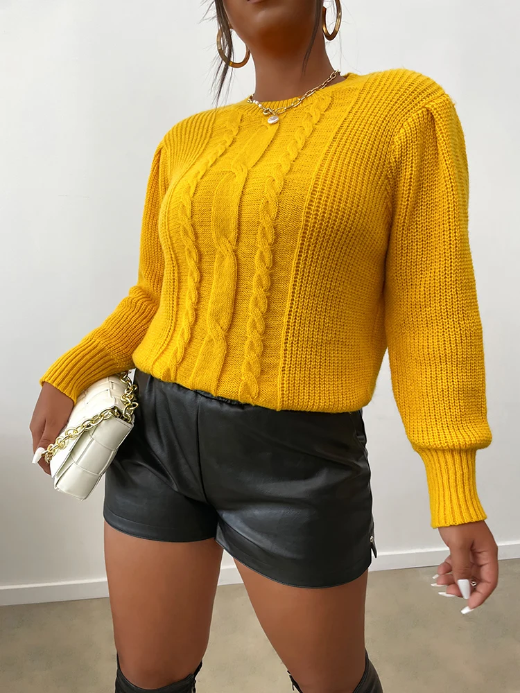 ONELINK Solid Yellow Cable Knit Pattern Women's Plus Size O Neck Pullover Sweater Oversize Tops Office Lady Daily 3XL Clothing