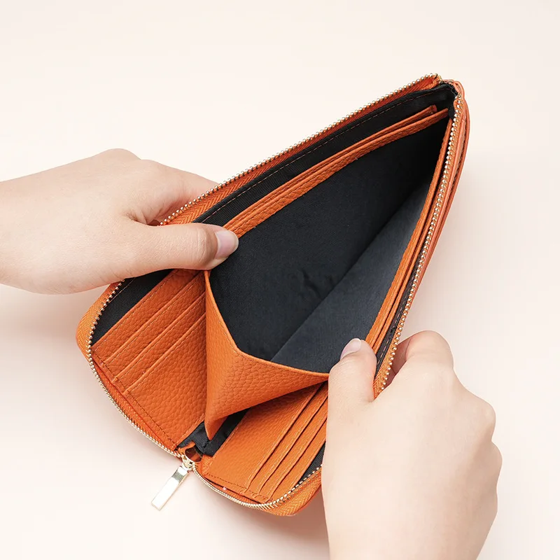 Leather women's wallet Long anti-theft coin Cowhide change bag Multi-card seat Women's Magsafe card holder wallet