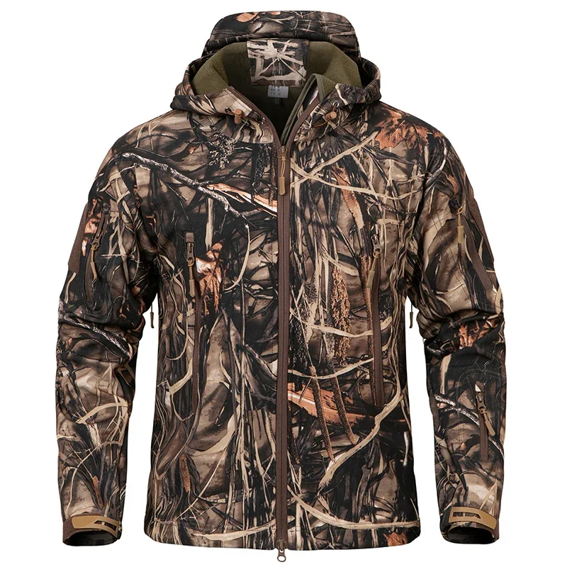 Men's Silent Camouflage Hunting Jacket Waterproof Fleece Tactical Jackets Soft Shell Outdoor Hiking Fishing Hooded Coat