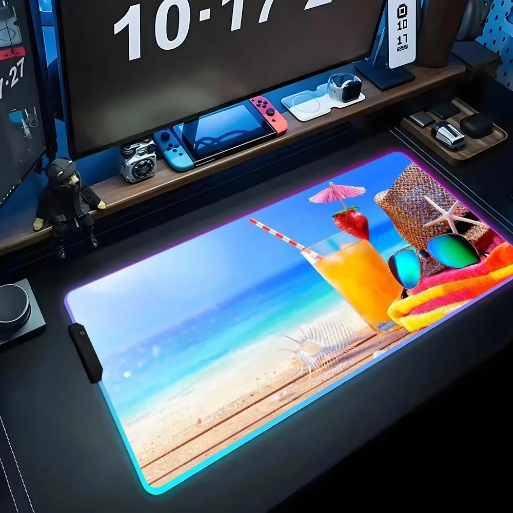 

summer beach Mouse Pad RGB Gaming Mousepad Big LED Pad PC Desk Mat Luminous Mouse Pad Large Keyboard Mats Table Rug With Backlit
