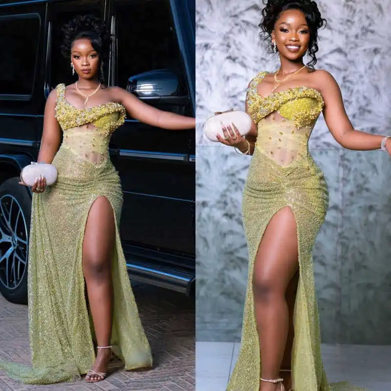 

Sexy Sequined Evening Dresses One Shoulder High Slit Mesh Prom Gowns Beaded Customized Dresses For Women Dinner Party