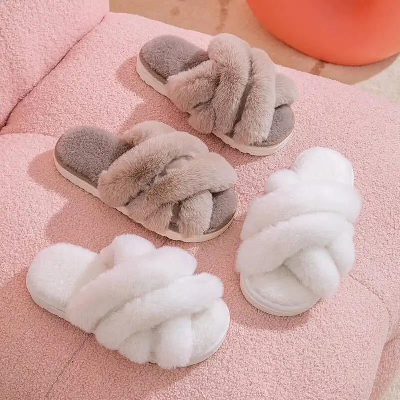 

Home Slippers Open Toe Cotton Slippers Indoor Household INS Dopamine European American Style Fuzzy Indoor Fluffy Slippers